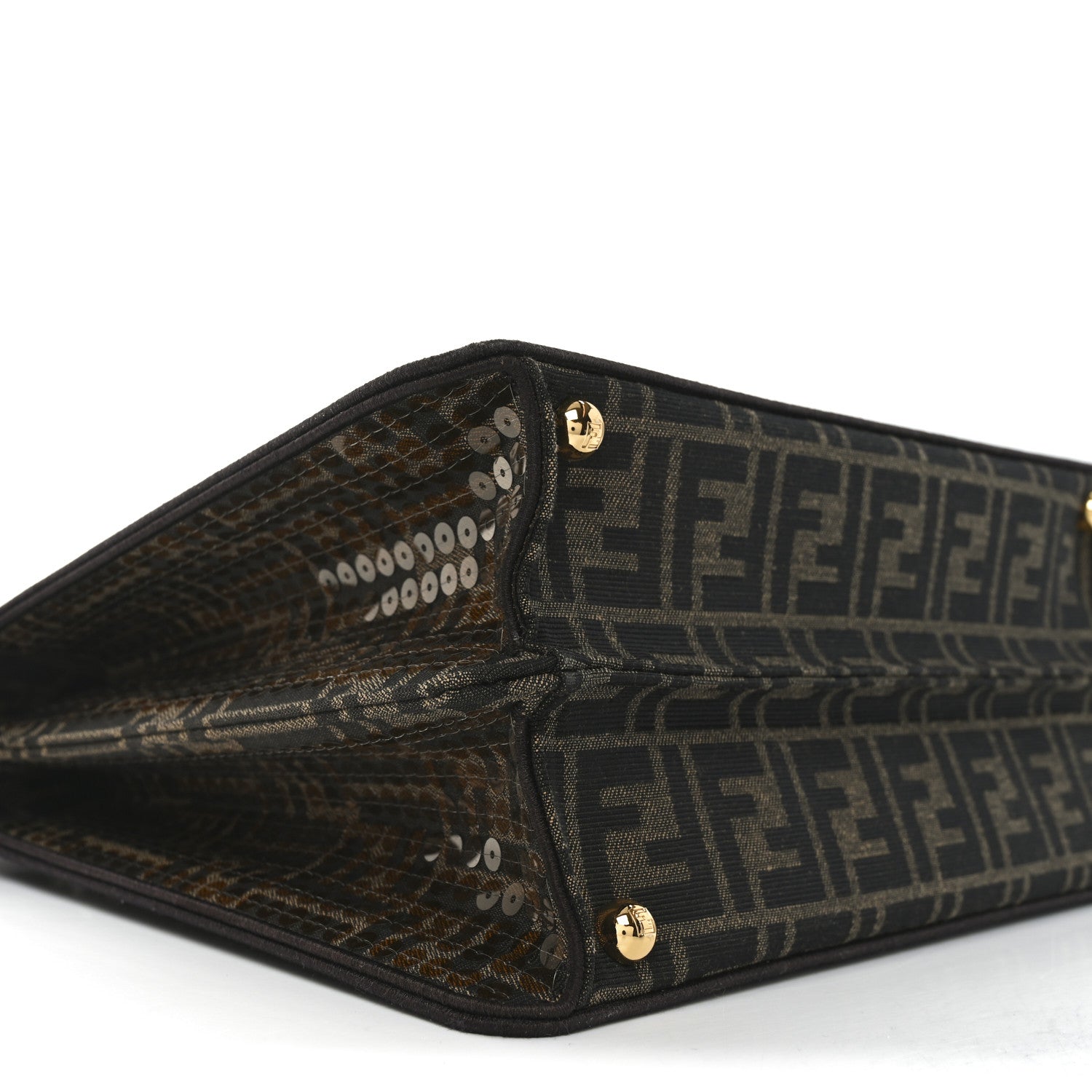 Fendi Fabric Jacquard Paillettes Vitello Seta FF 1974 Medium Peekaboo I SEE U Satchel Tobacco Moro 8 of 9