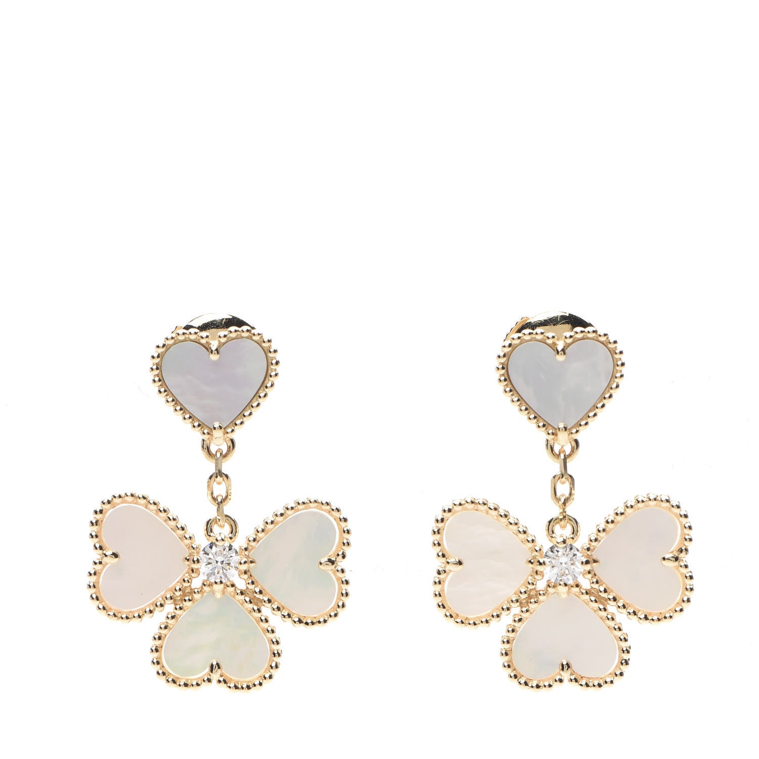 Van Cleef & Arpels 18K Yellow Gold Diamond Mother of Pearl Effeuillage Sweet Alhambra Heart Earrings 1 of 5