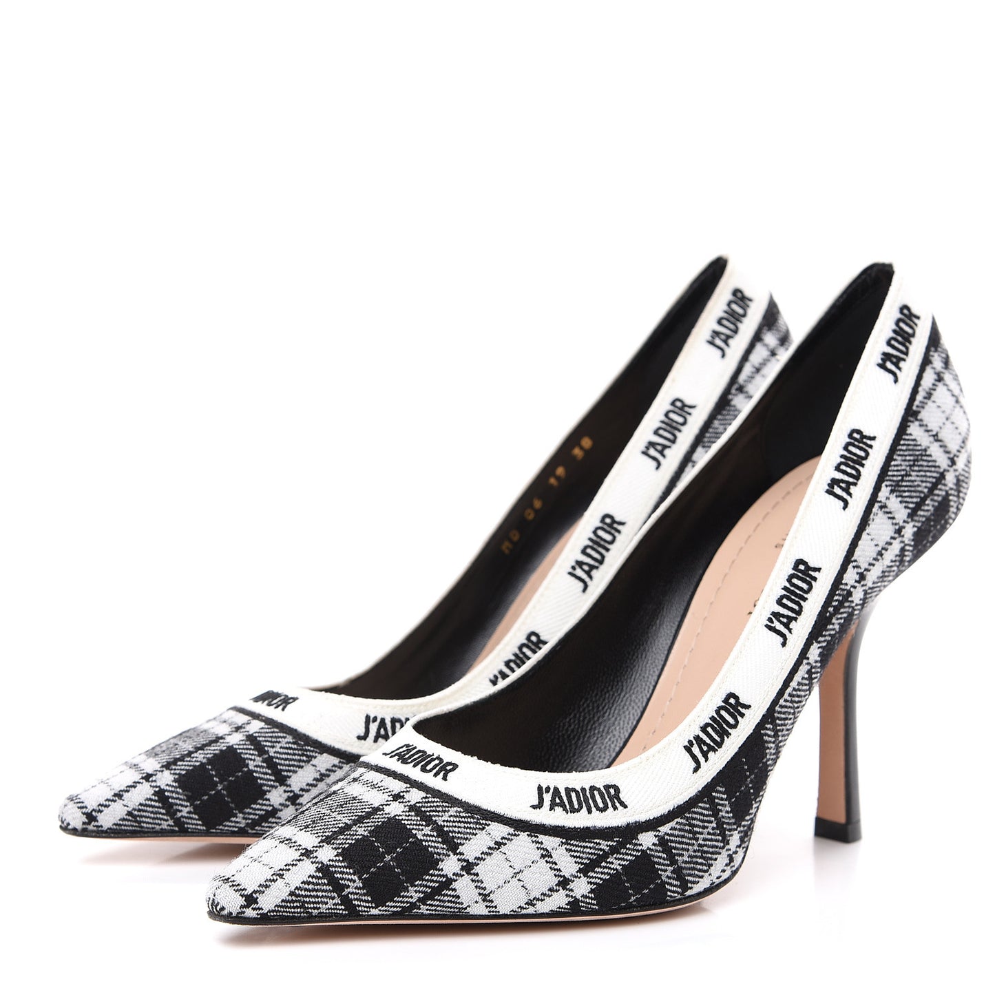 Canvas Ribbon Tartan Print Embroidered J'Adior 100mm Pumps 38 Black Off White