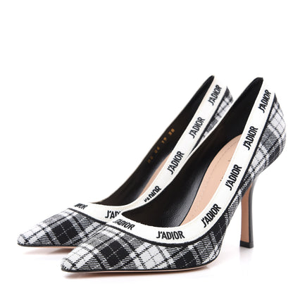 Christian Dior Canvas Ribbon Tartan Print Embroidered J'Adior 100mm Pumps 38 Black Off White 3 of 9