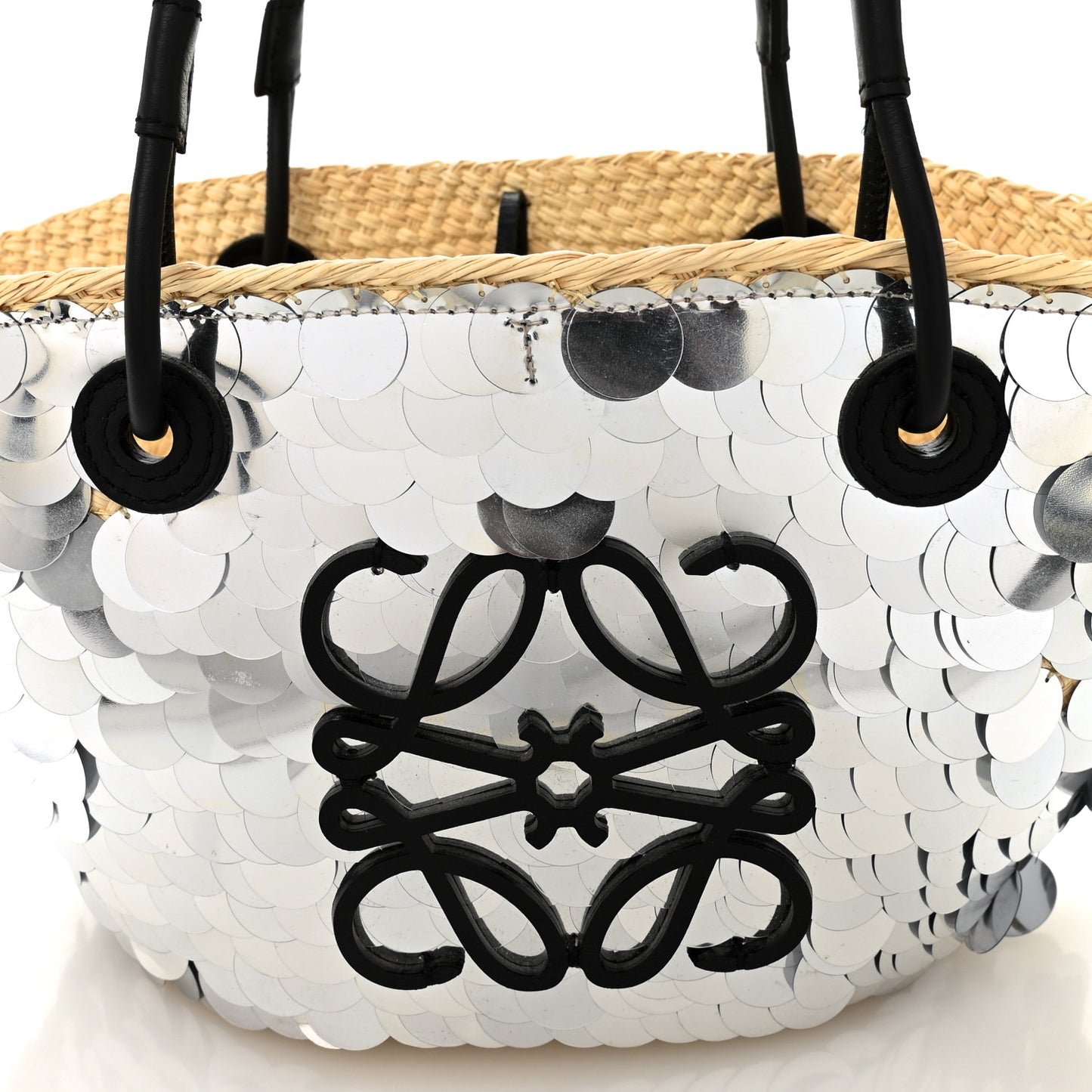 Sequin Raffia Paulas Ibiza Small Anagram Basket Tote Bag Silver Natural