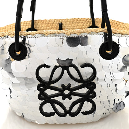 Loewe Sequin Raffia Paulas Ibiza Small Anagram Basket Tote Bag Silver Natural 8 of 10