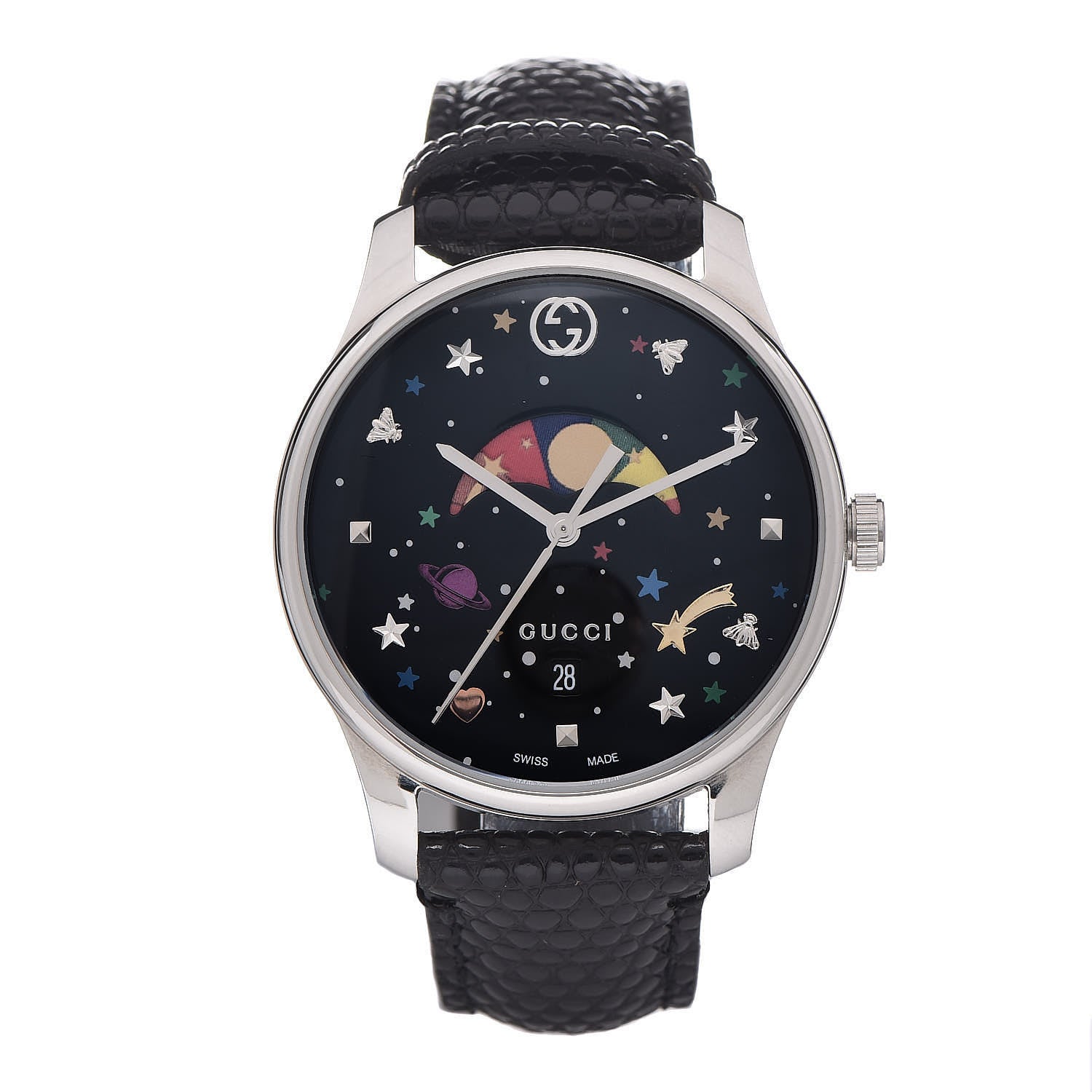 Gucci Stainless Steel Lizard 38mm G-Timeless Moonphase Star Planet Quartz Watch Black 1 of 12