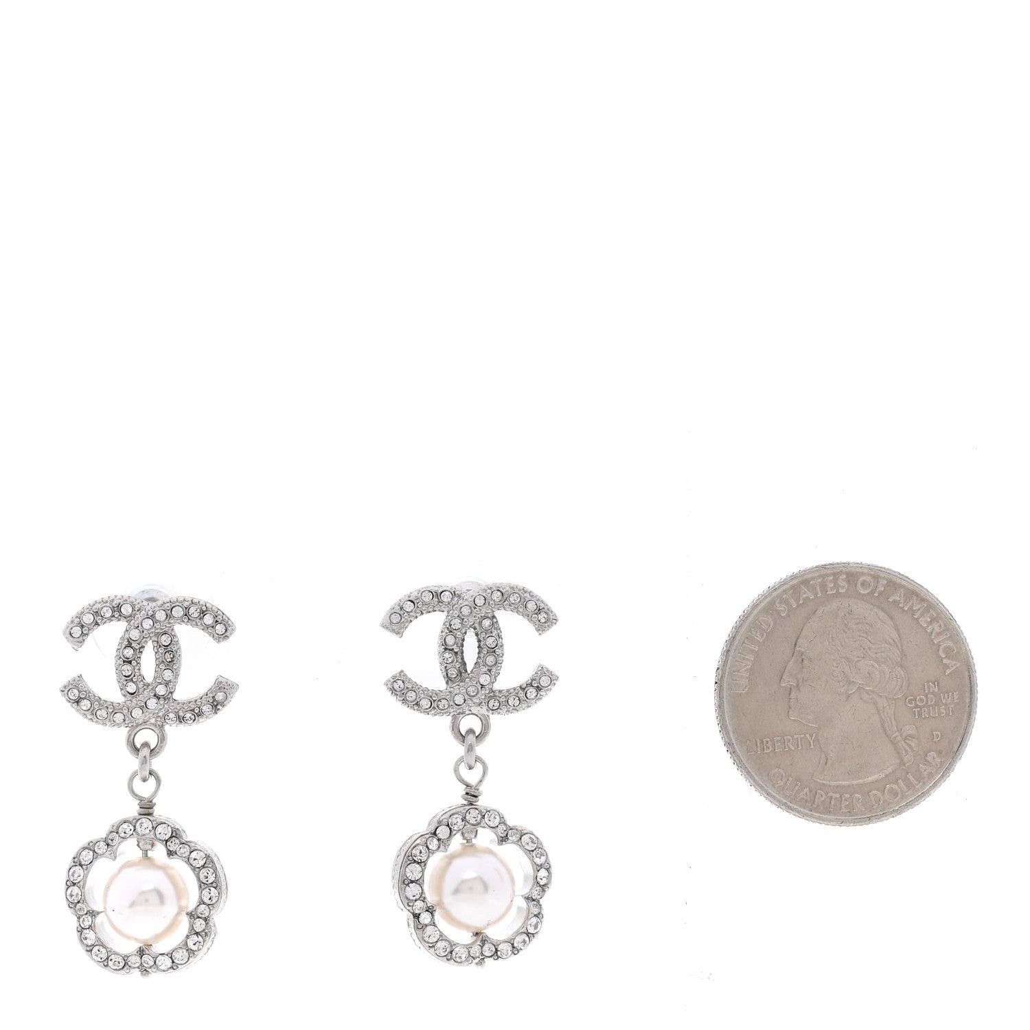 Chanel Crystal Pearl Camellia CC Coco Flapper Drop Earrings Silver 2 of 5