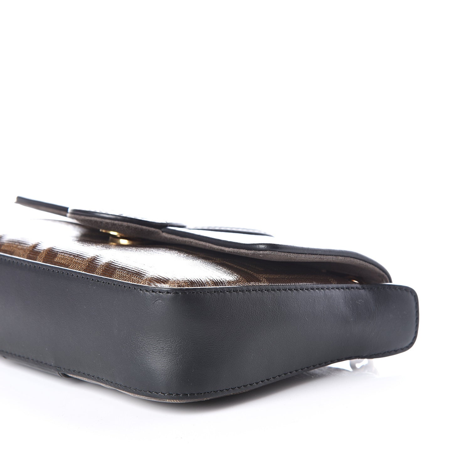 Glazed Fabric Vitello Century FF 1974 Stamp Patch Mini Double F Crossbody Bag Mogano Panna Black