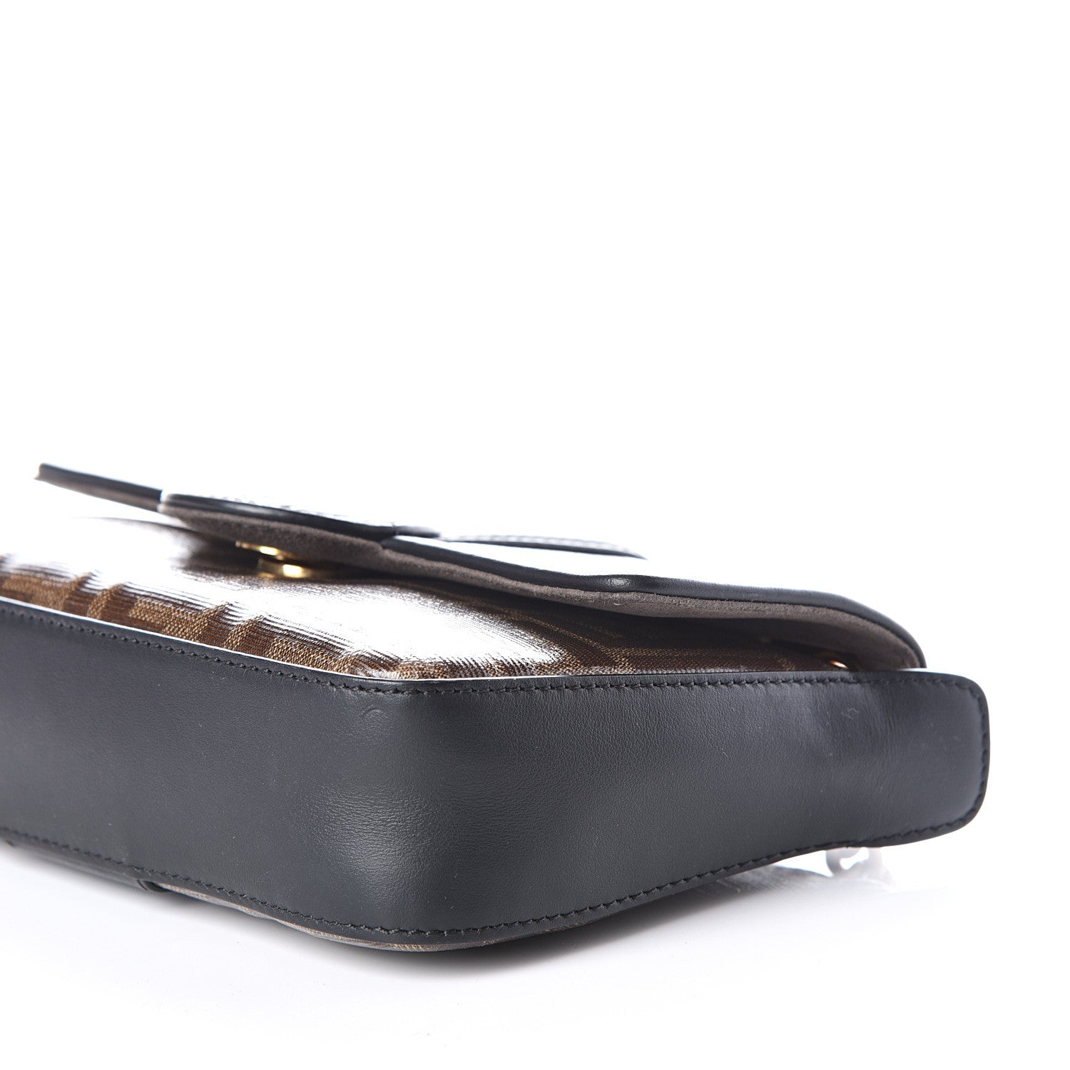 Fendi Glazed Fabric Vitello Century FF 1974 Stamp Patch Mini Double F Crossbody Bag Mogano Panna Black 10 of 12