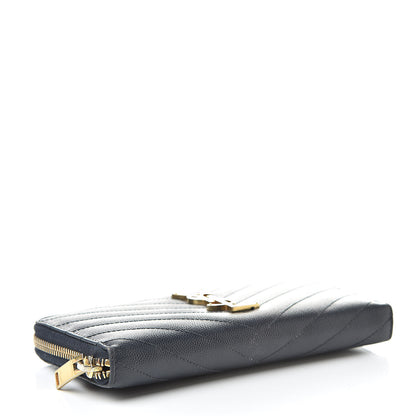 Saint Laurent Grain De Poudre Matelasse Chevron Monogram Zip Around Wallet Navy 4 of 16