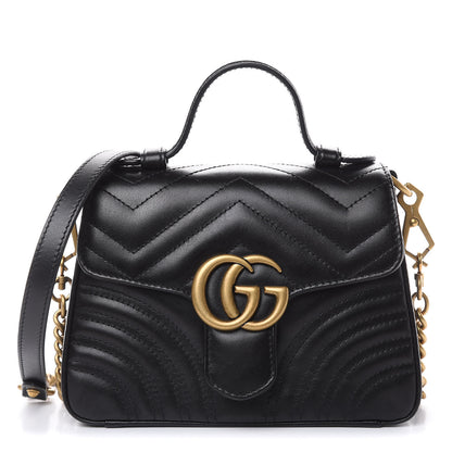 Gucci Calfskin Matelasse Mini GG Marmont Top Handle Shoulder Bag Black 1 of 9