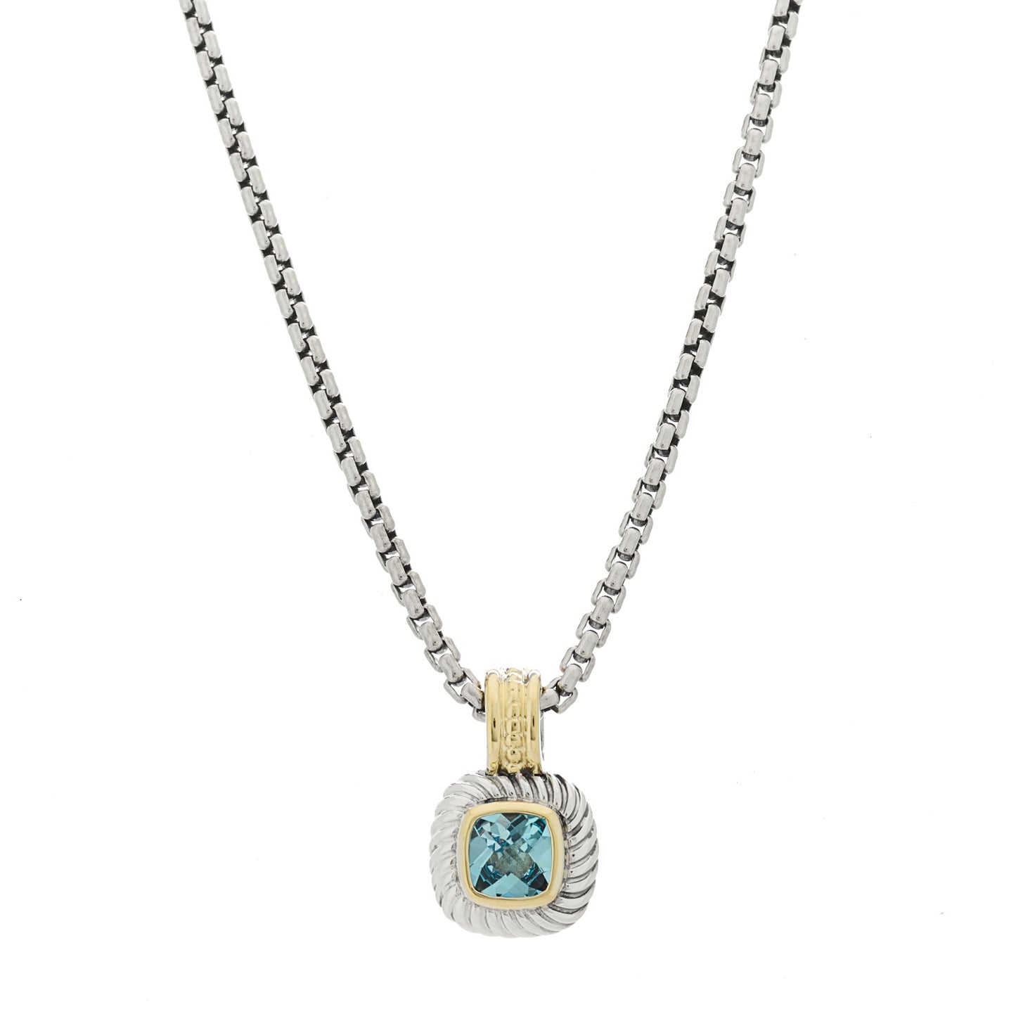 Sterling Silver 14K Yellow Gold Blue Topaz 7mm Albion Enhancer Pendant Necklace