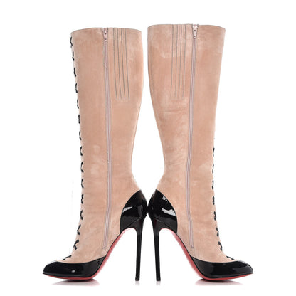 Christian Louboutin Suede Patent Lace Up Knee High Boots 39 Beige Black 6 of 13