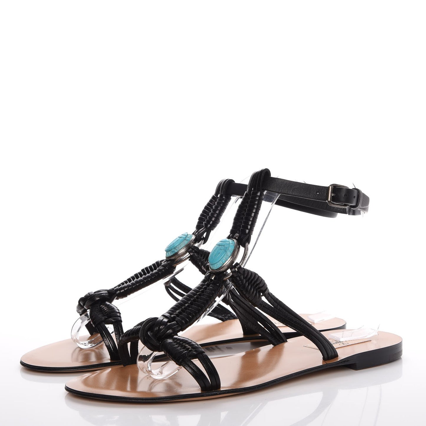 Calfskin Turquoise Braided Scarab Ankle Wrap Flat Sandals 38 Black