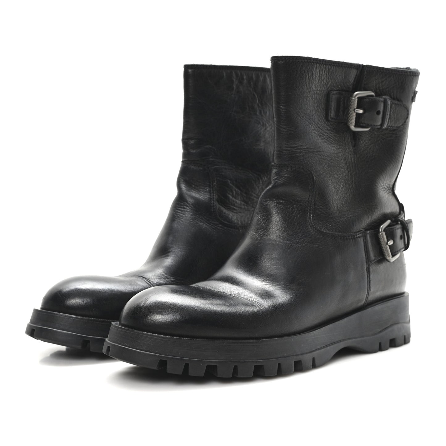 Calfskin Double Buckle Combat Boots 37 Black