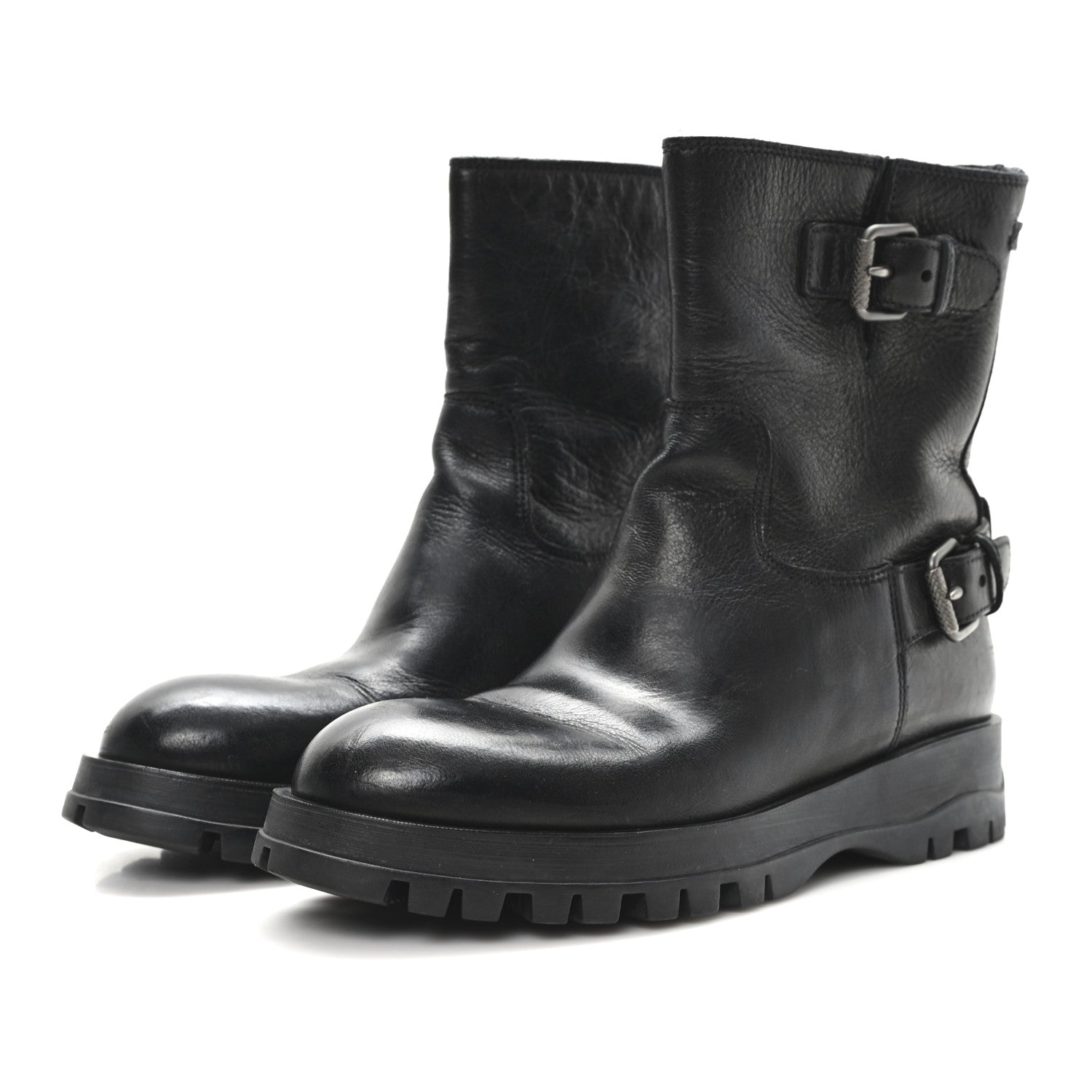 Prada Calfskin Double Buckle Combat Boots 37 Black 4 of 9