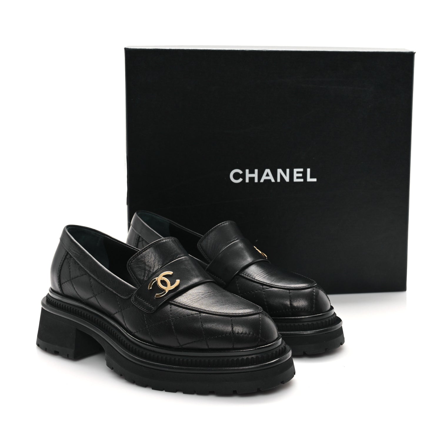 Calfskin Quilted CC Mocassin Loafers 36.5 Black