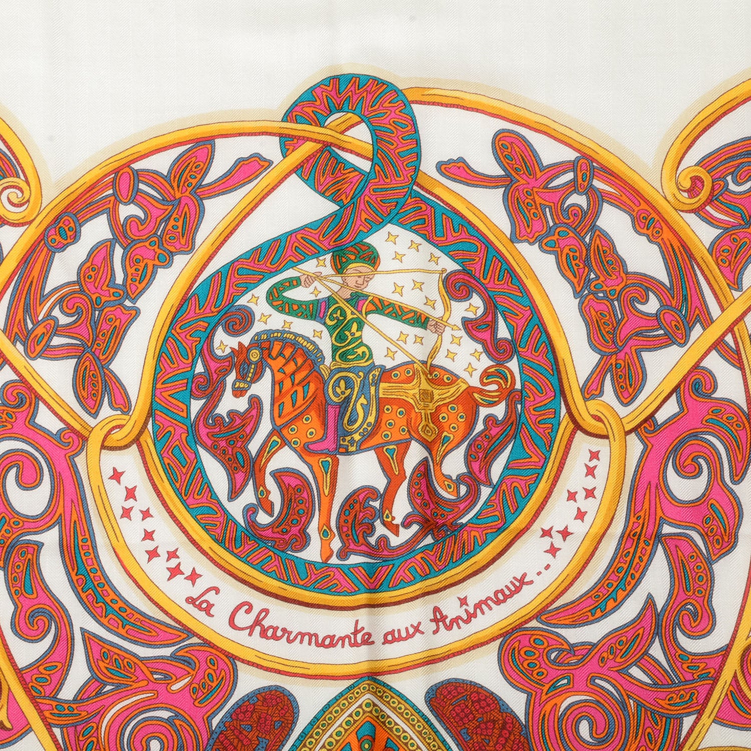 Hermes Silk Cashmere La Charmante Aux Animaux Shawl 140 Blanc 3 of 7
