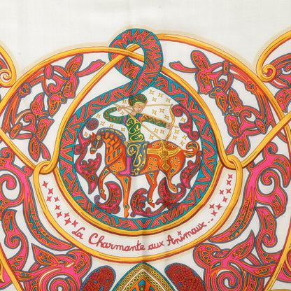 Hermes Silk Cashmere La Charmante Aux Animaux Shawl 140 Blanc 3 of 7