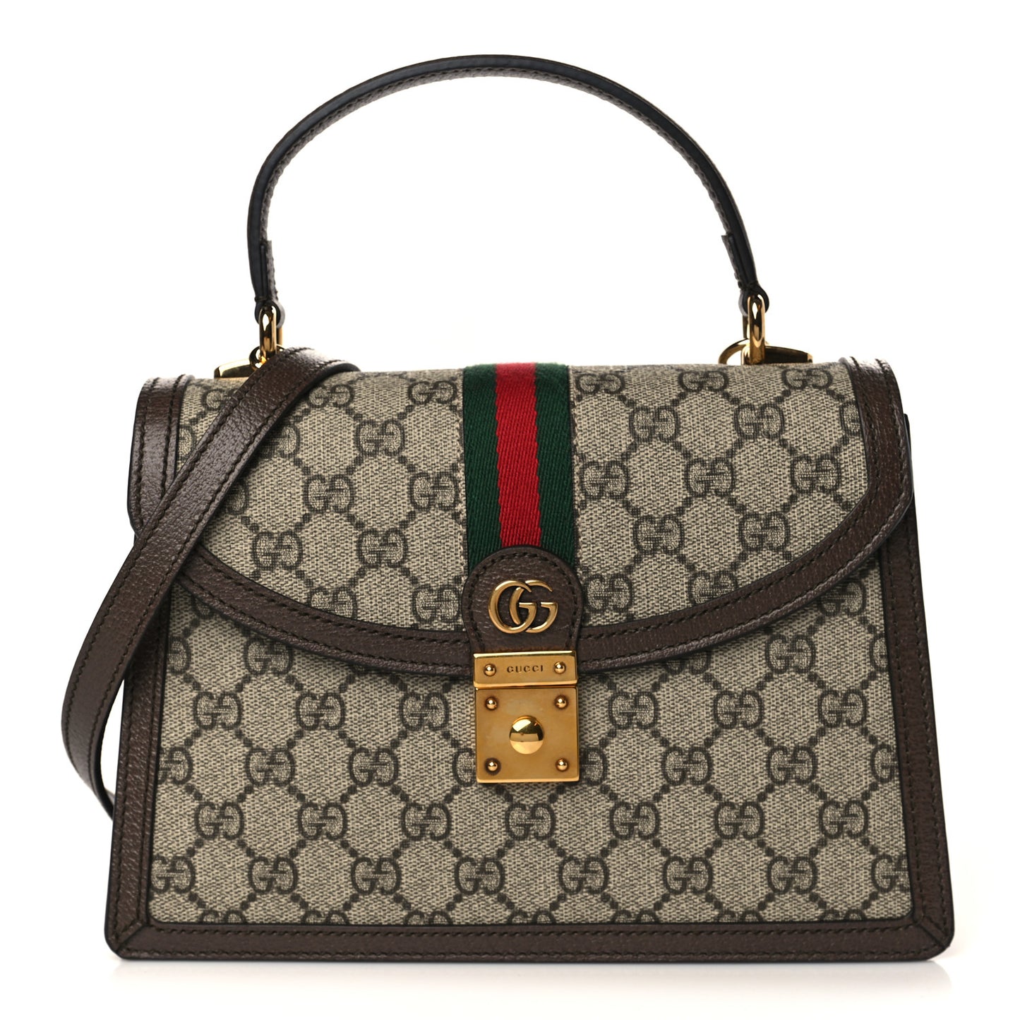 GG Supreme Monogram Textured Dollar Calfskin Web Small Ophidia Padlock Top Handle Bag Beige Ebony New Acero