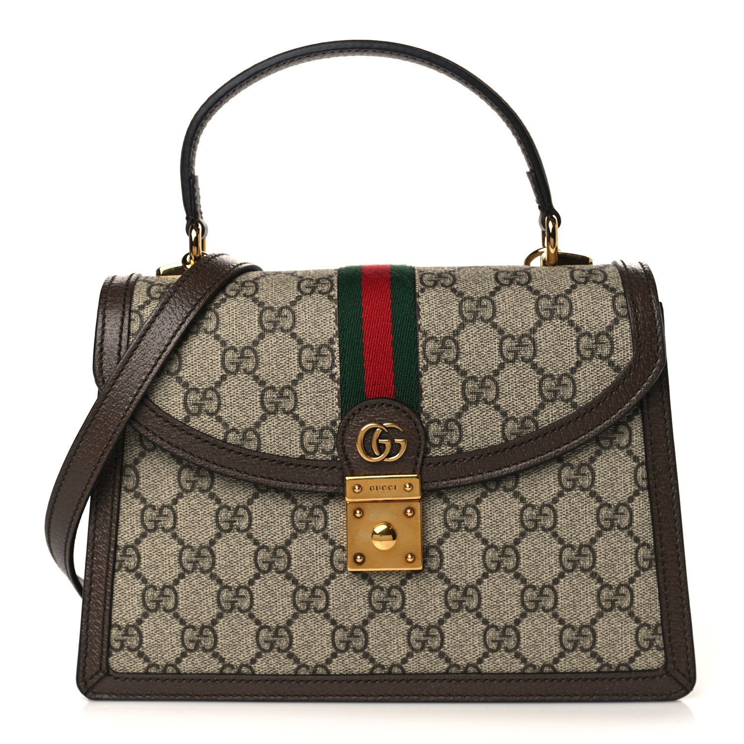 Gucci GG Supreme Monogram Textured Dollar Calfskin Web Small Ophidia Padlock Top Handle Bag Beige Ebony New Acero 1 of 9