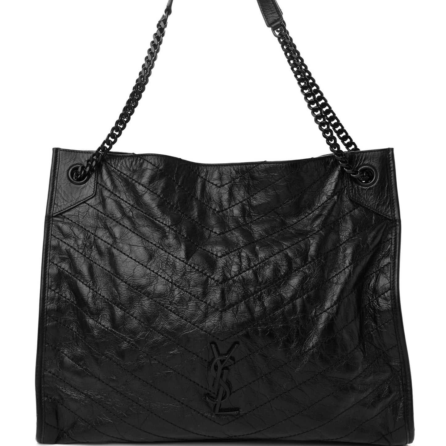 Crinkled Calfskin Matelasse Monogram Large Niki Shopper Tote Black