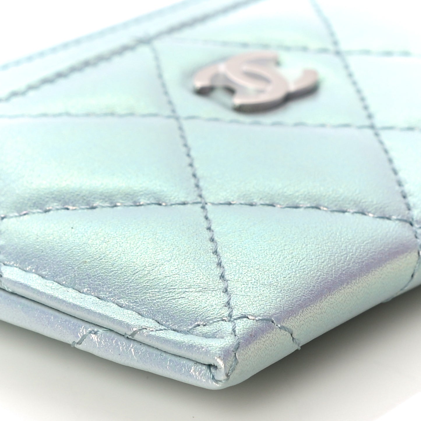 Iridescent Lambskin Quilted Card Holder Light Blue