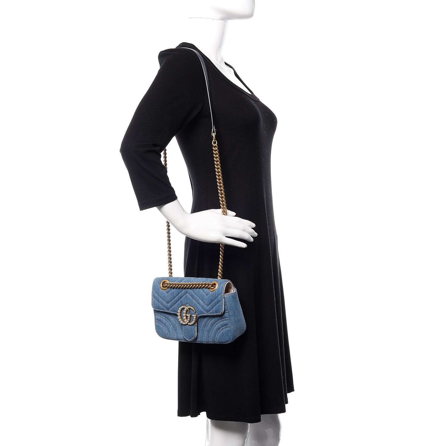 Gucci Denim Matelasse Mini Pearly GG Marmont Shoulder Bag Blue 2 of 9