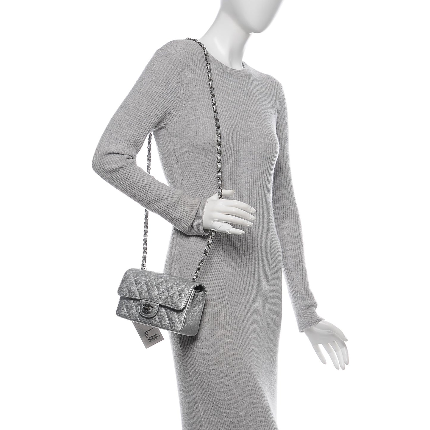 Metallic Caviar Quilted Mini Rectangular Flap Silver