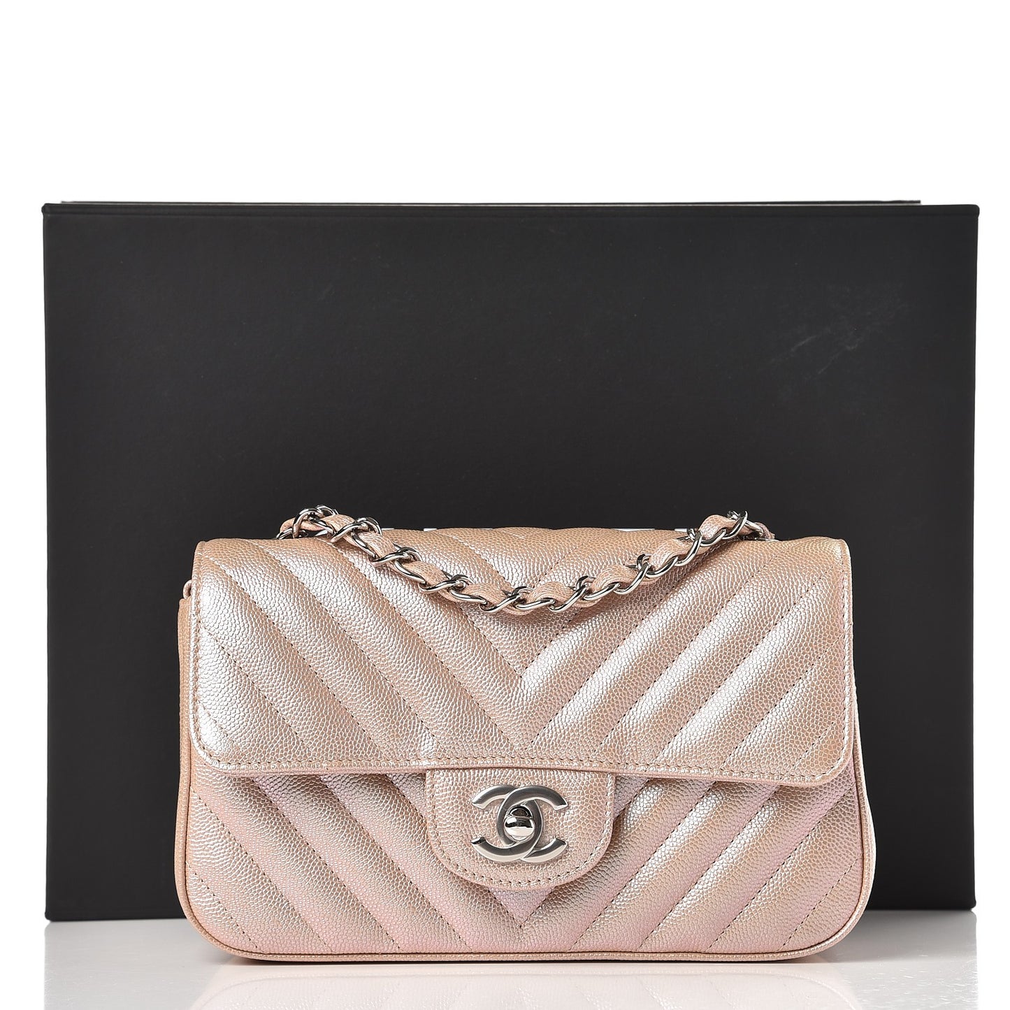 Iridescent Caviar Chevron Quilted Mini Rectangular Flap Light Gold
