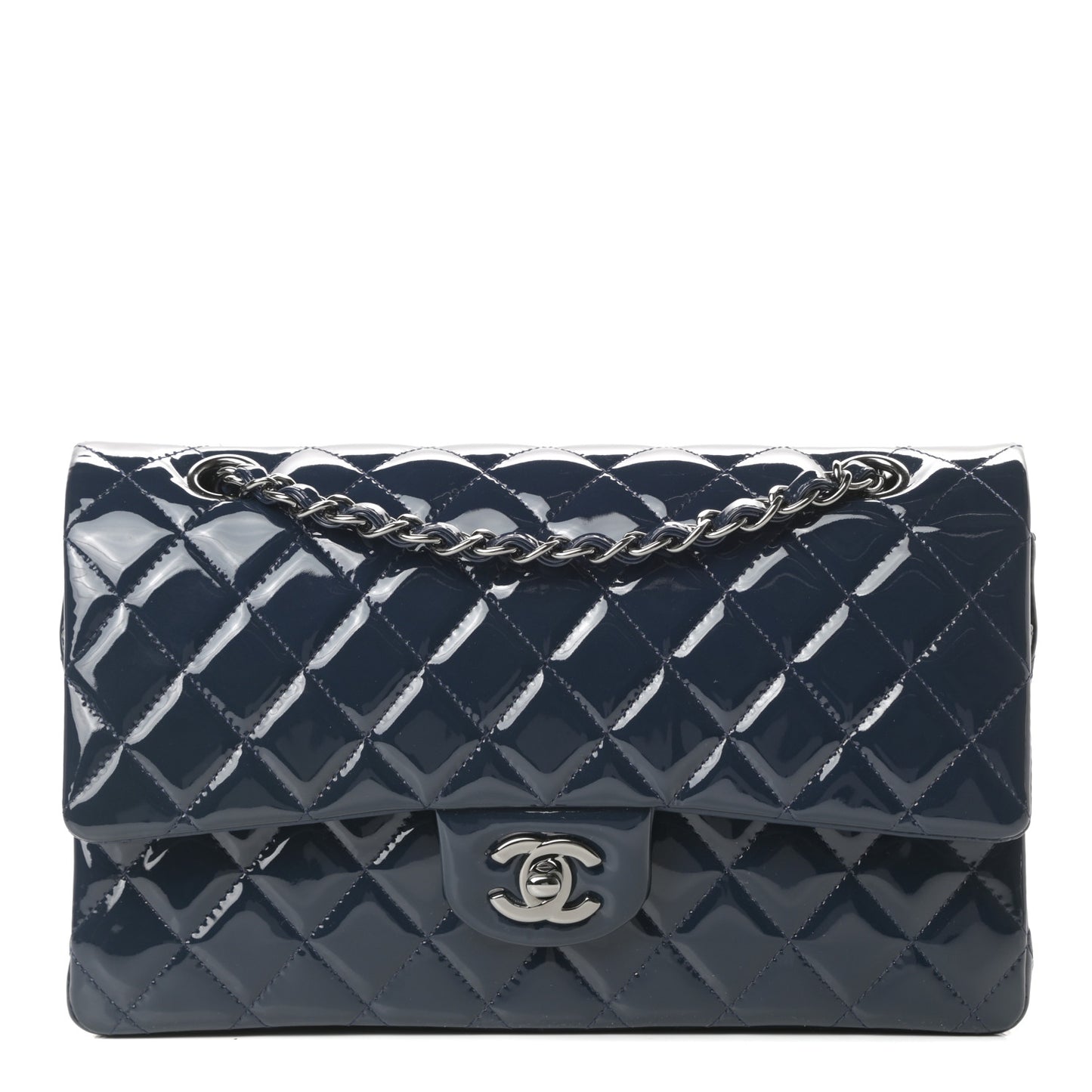 Patent Quilted Medium Double Flap Navy