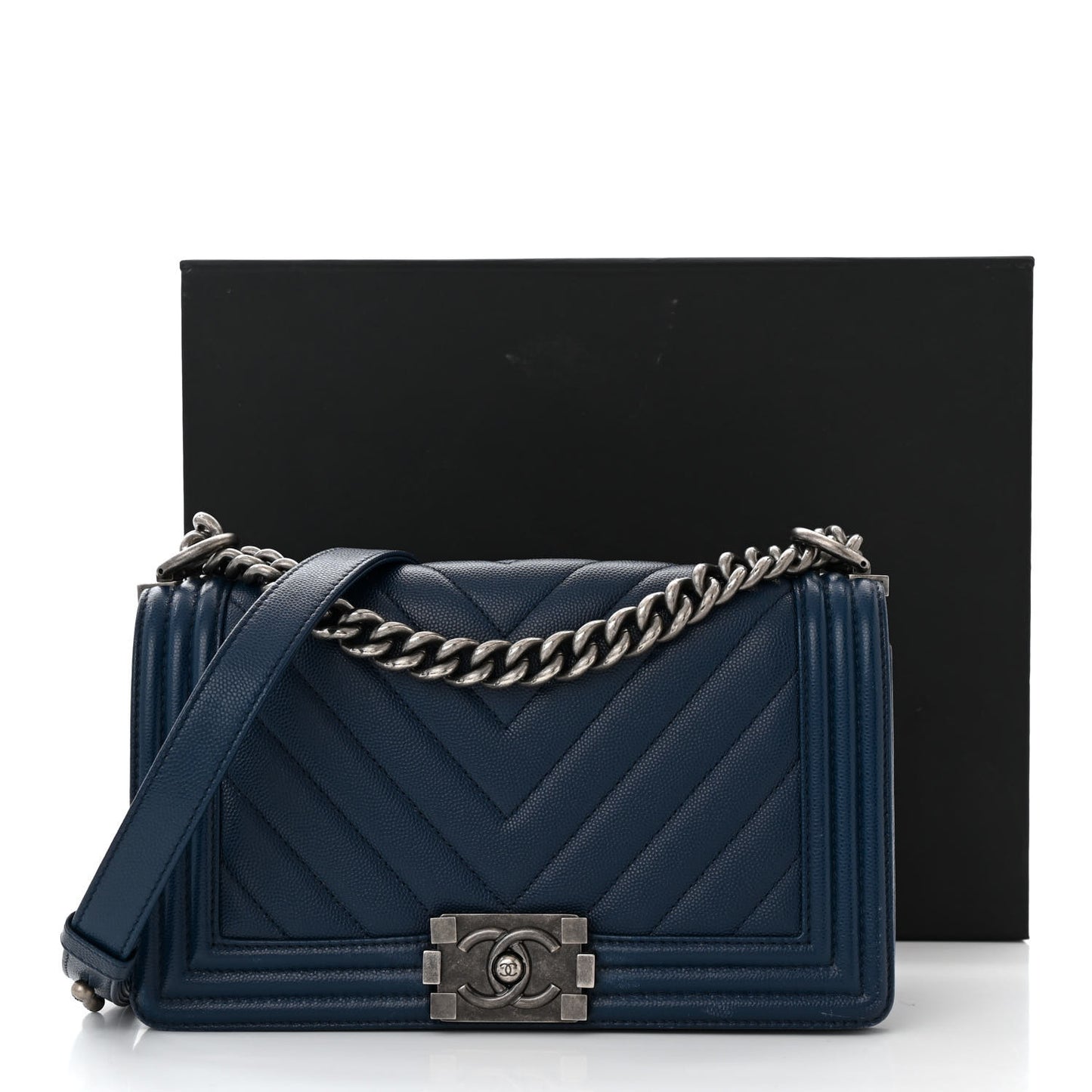 Caviar Chevron Quilted Medium Boy Flap Navy