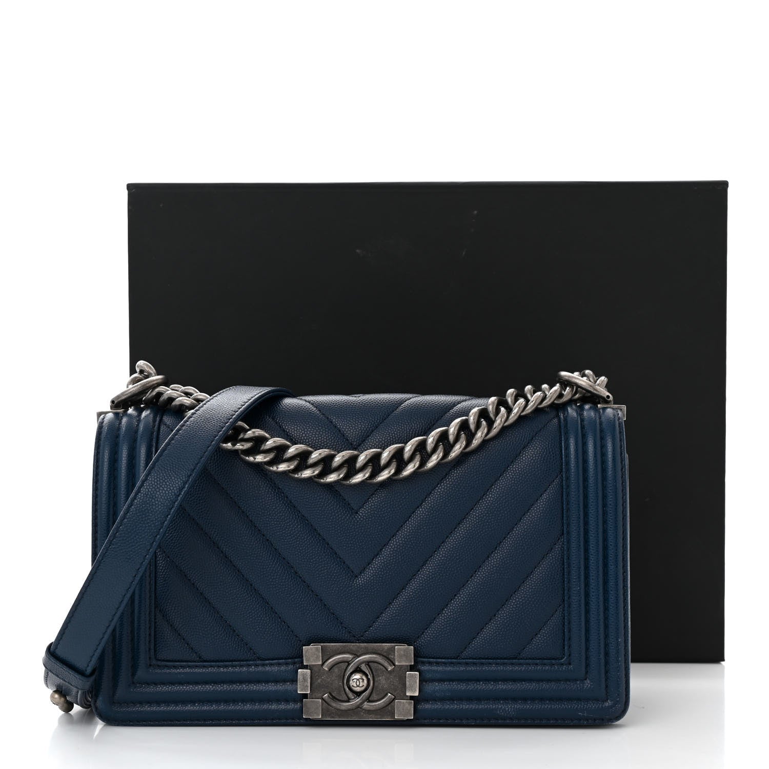 Chanel Caviar Chevron Quilted Medium Boy Flap Navy 12 of 12