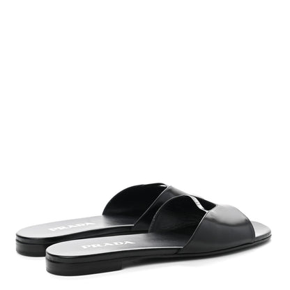 Prada Spazzolato Logo Triangle Cut Out Flat Slide Sandals 38.5 Black 4 of 8