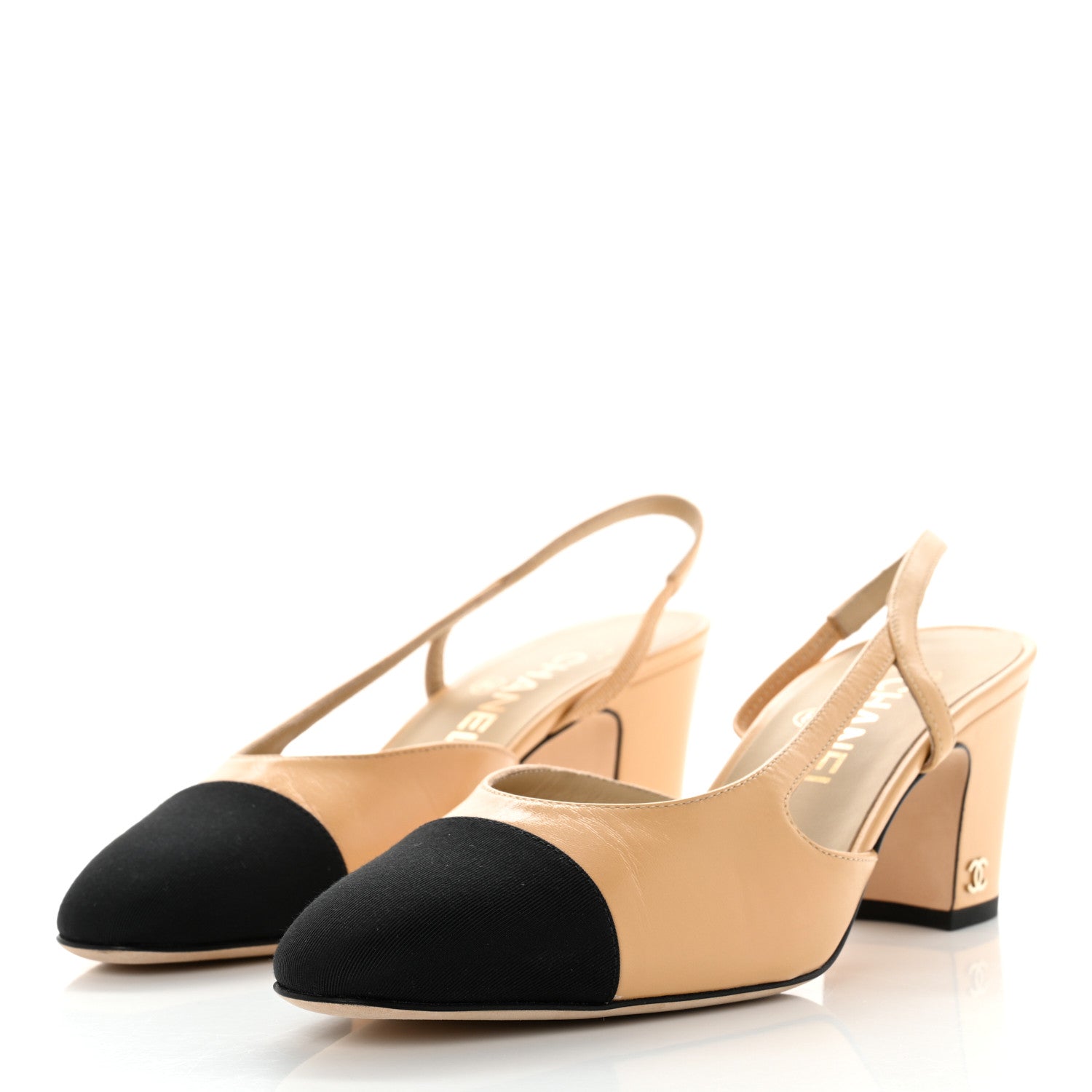 Chanel Goatskin Grosgrain Cap Toe CC Slingback Pumps 37.5 Beige Black 3 of 9