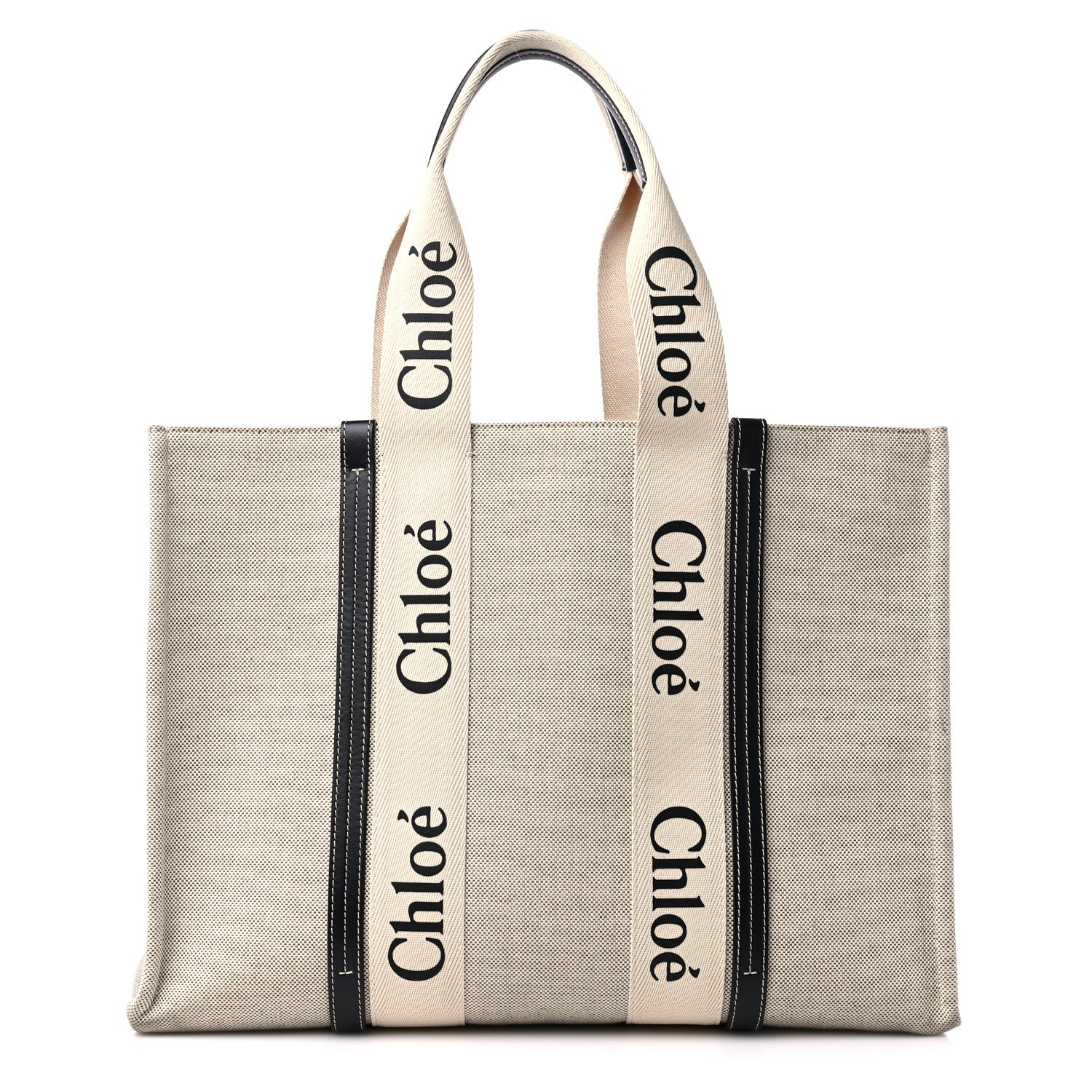 Chloe Cotton Calfskin Large Woody Ribbon Tote White Black 1 of 15