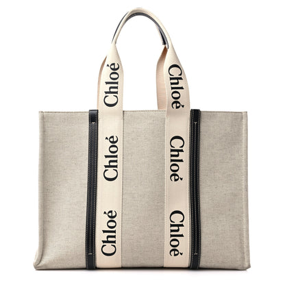 Chloe Cotton Calfskin Large Woody Ribbon Tote White Black 1 of 15