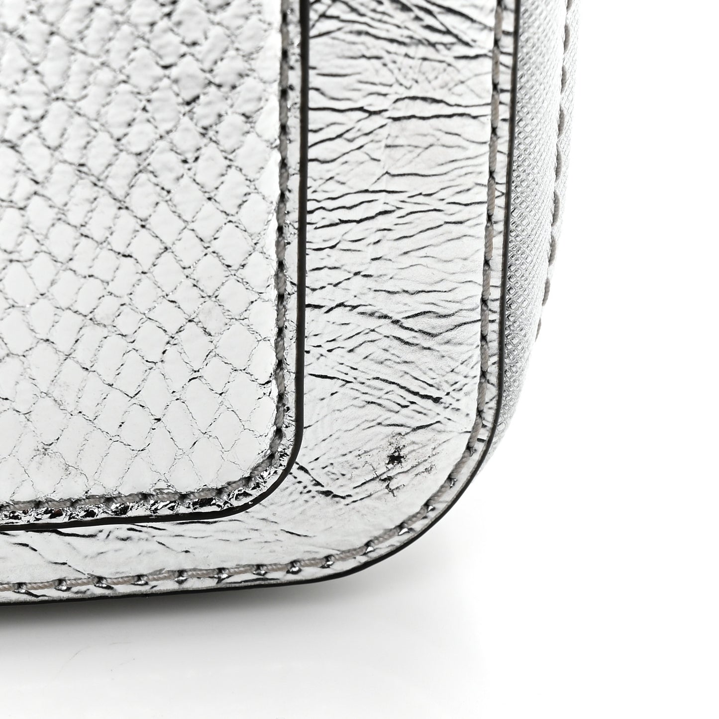 Metallic Sequin Snake Embossed Calfskin Stripe Snapshot Camera Bag Silver