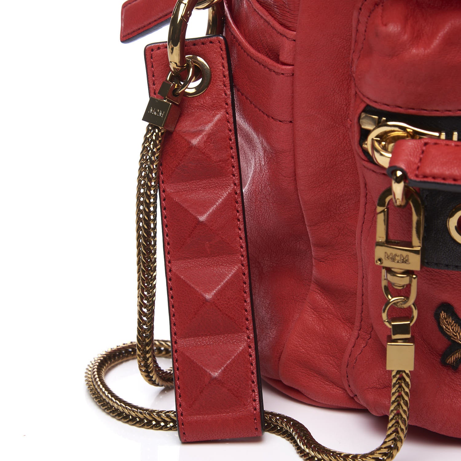 MCM Lambskin Fox Fur Small Stark Insignia Backpack Red 10 of 11