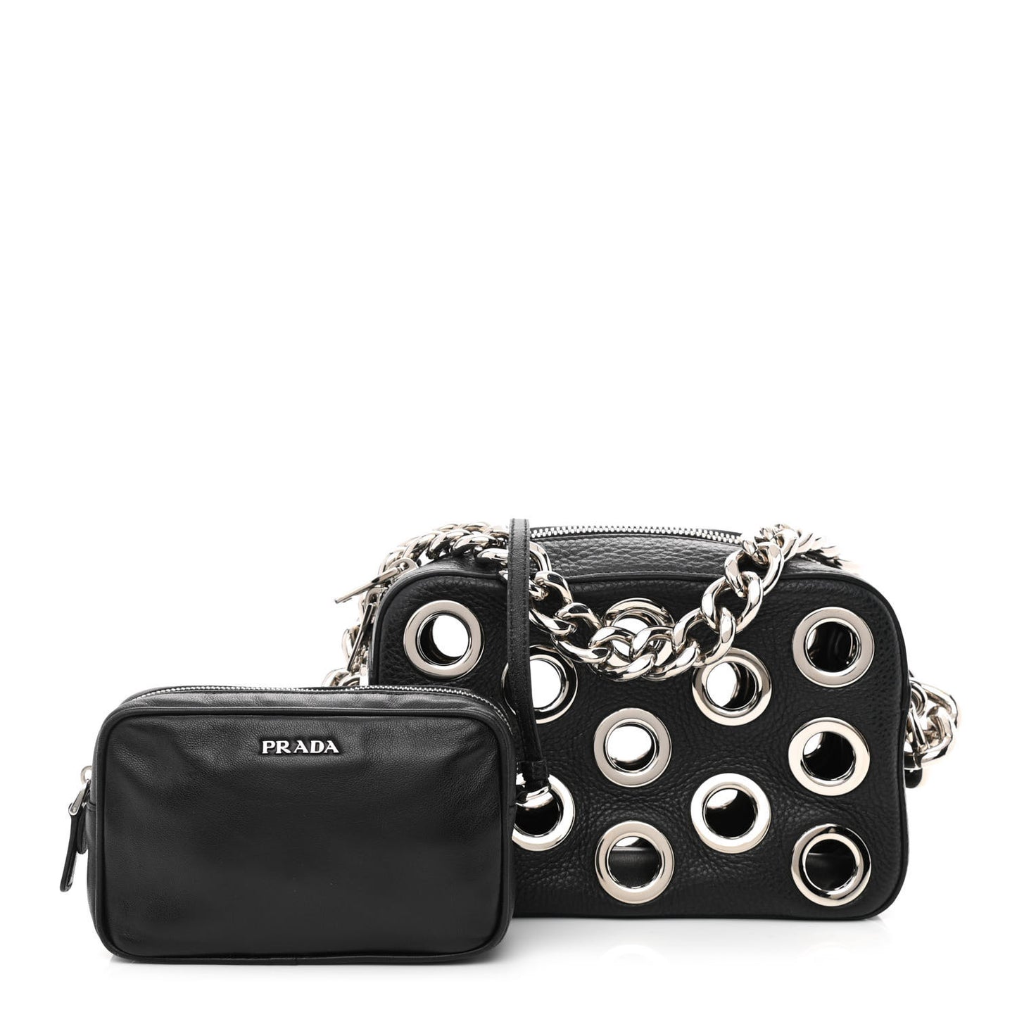 Vitello Daino Grommet Chain Satchel Bag Black