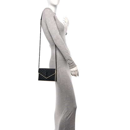 Saint Laurent Grain De Poudre Matelasse Chevron Monogram Envelope Chain Wallet Black White 2 of 10