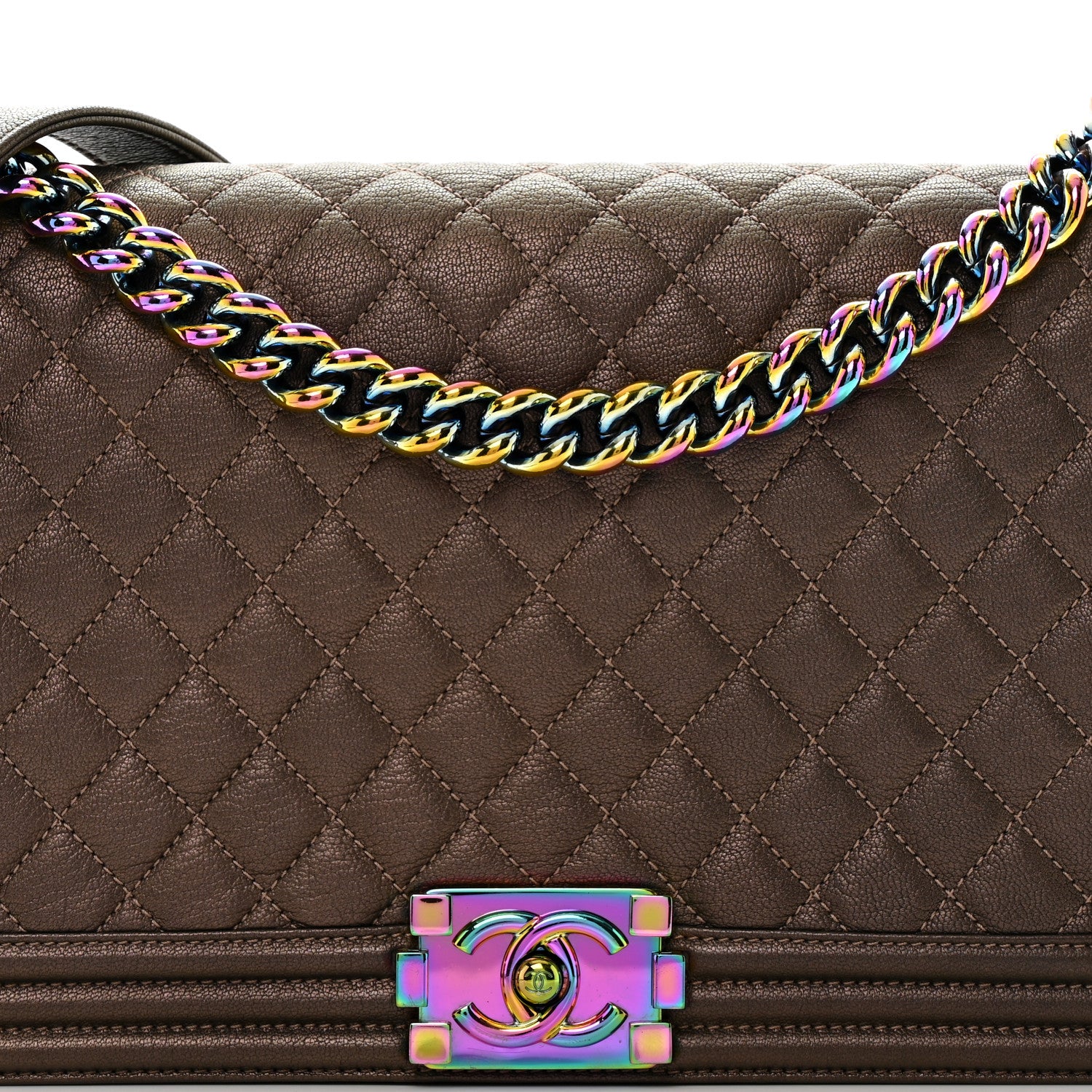 Chanel Iridescent Goatskin Quilted New Medium Boy Flap Dark Gold 8 of 10