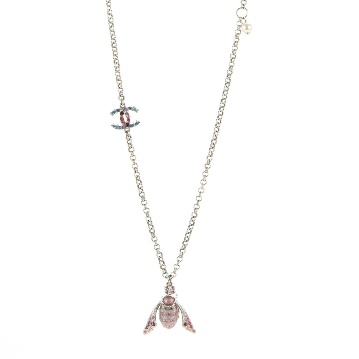 Chanel Crystal Bee Pendant Necklace Silver Multicolor 1 of 7
