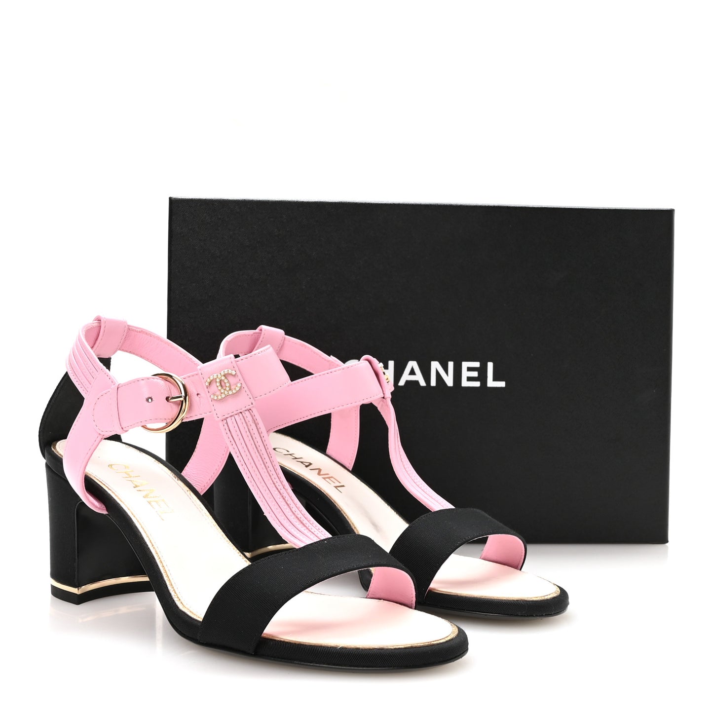 Lambskin Grosgrain Pearl CC Sandals 38.5 Pink Black