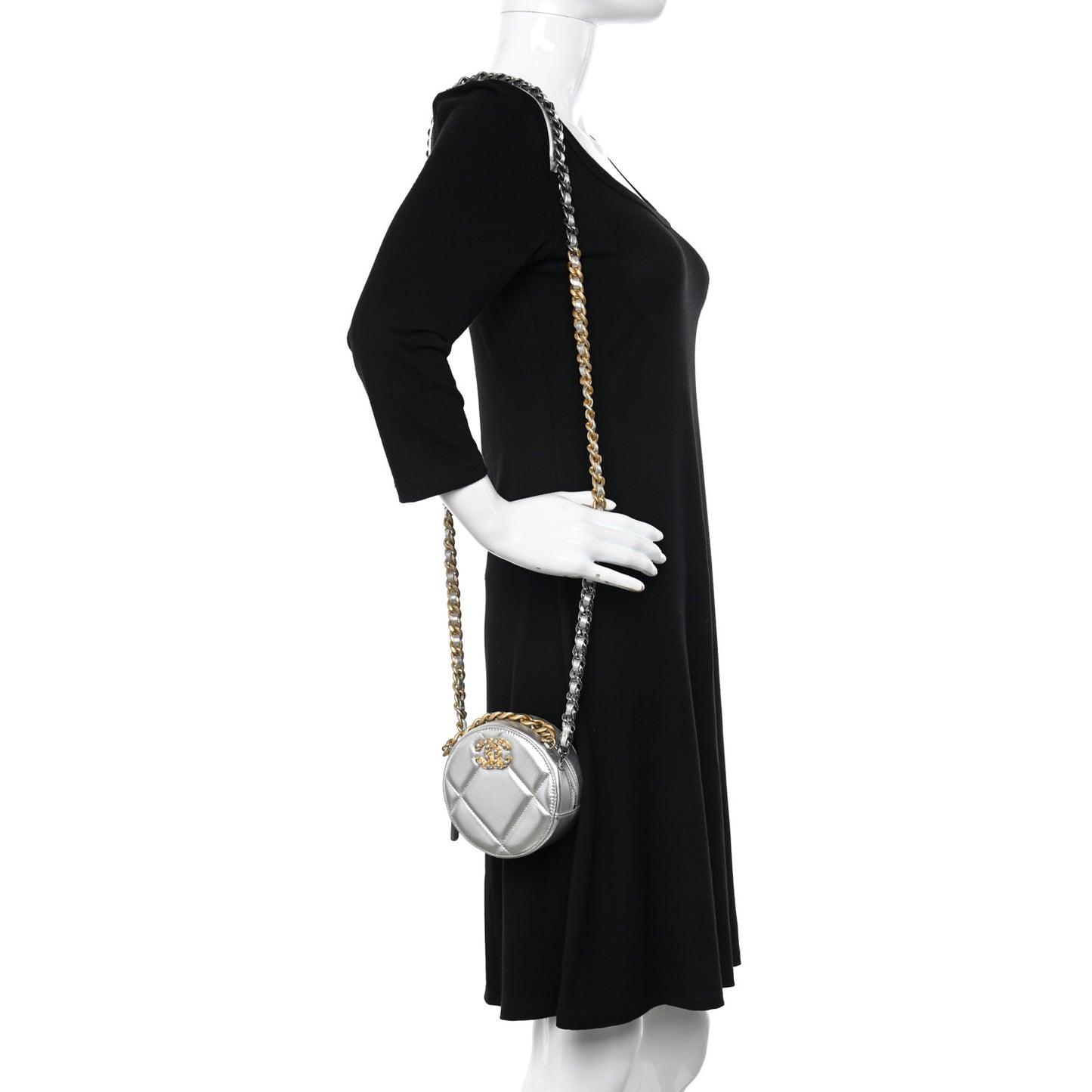 Metallic Lambskin Quilted Chanel 19 Round Clutch With Chain Silver