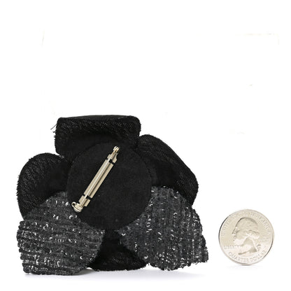 Chanel Tweed Camellia Pin Brooch Black White 2 of 3