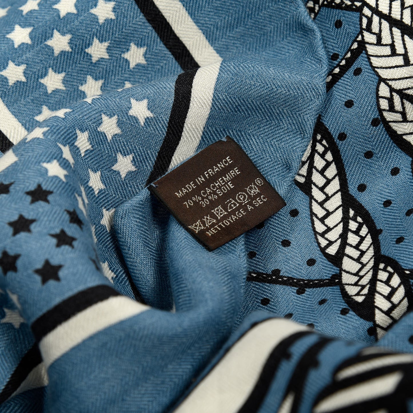 Silk Cashmere Fouets Et Badines Bandana Shawl 140 Bleu Orage White
