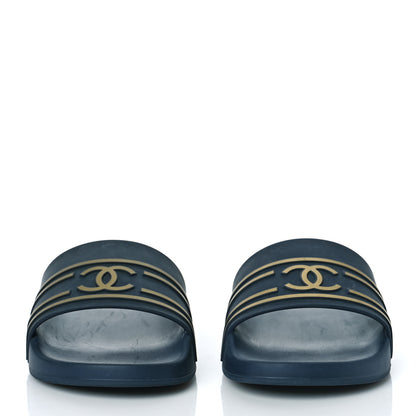 Chanel Rubber CC Flat Slide Sandals 36 Navy Gold 2 of 9