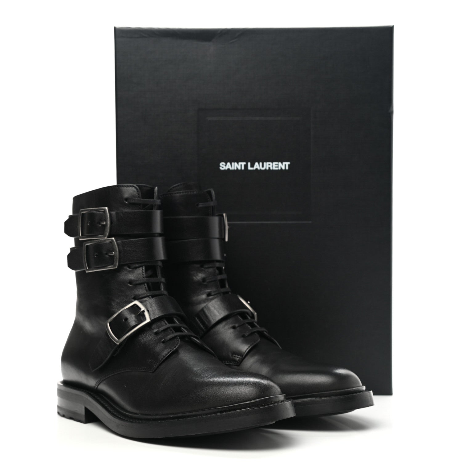 Saint Laurent Kangaroo Calfskin Embossed Army 20 Strap Boots 38.5 Black 10 of 10