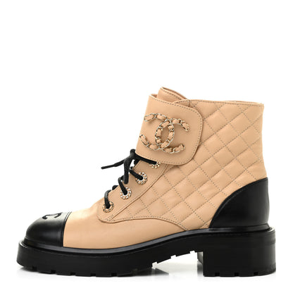 Chanel Lambskin Calfskin Quilted Lace Up Combat Boots 39 Beige Black 1 of 7