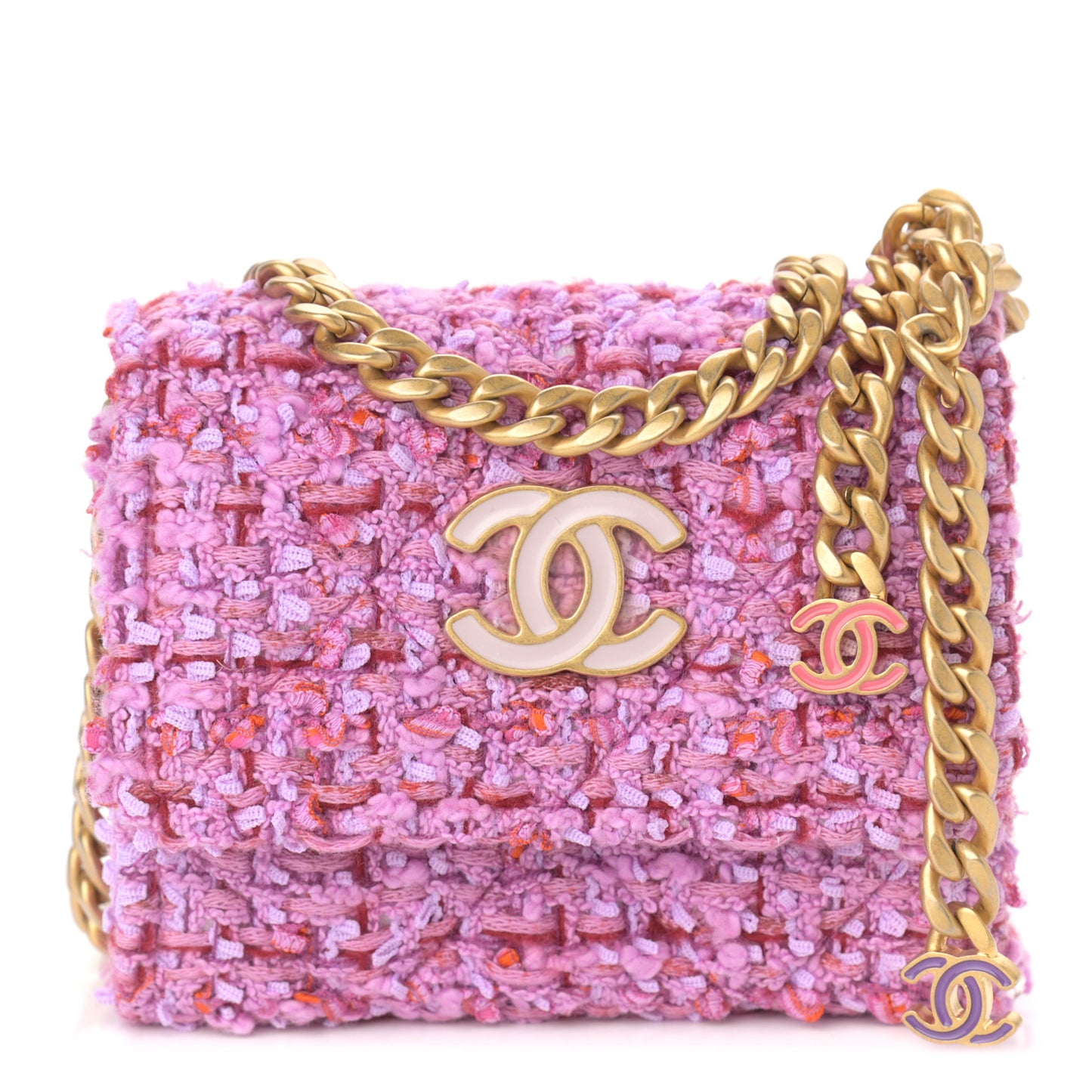 Tweed Enamel Quilted Pending CC Card Holder On Chain Light Purple Pink Red