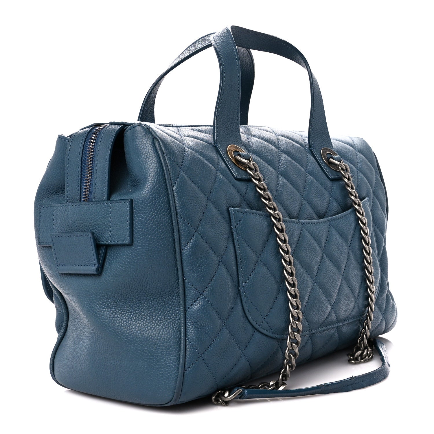 Chanel Grained Calfskin Quilted Large Casual Pocket Bowling Bag Blue 3 of 16