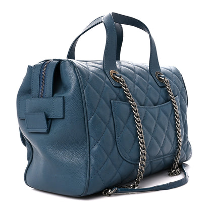 Chanel Grained Calfskin Quilted Large Casual Pocket Bowling Bag Blue 3 of 16